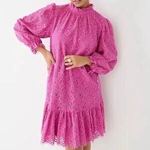 NWT J.Crew Pink Lace Dress XL Ruffleneck Romantic Feminine Wedding Guest Holiday